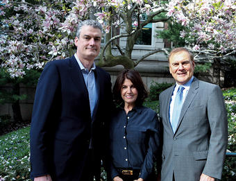 “We believe promoting emotional well-being is an important part of higher education and life readiness,” says John MacPhee ’89, PH’12 (left), The Jed Foundation CEO, with Donna Satow GS’65 and Phillip M. Satow ’63 on campus this past spring. Photo: Char Smullyan GS’98